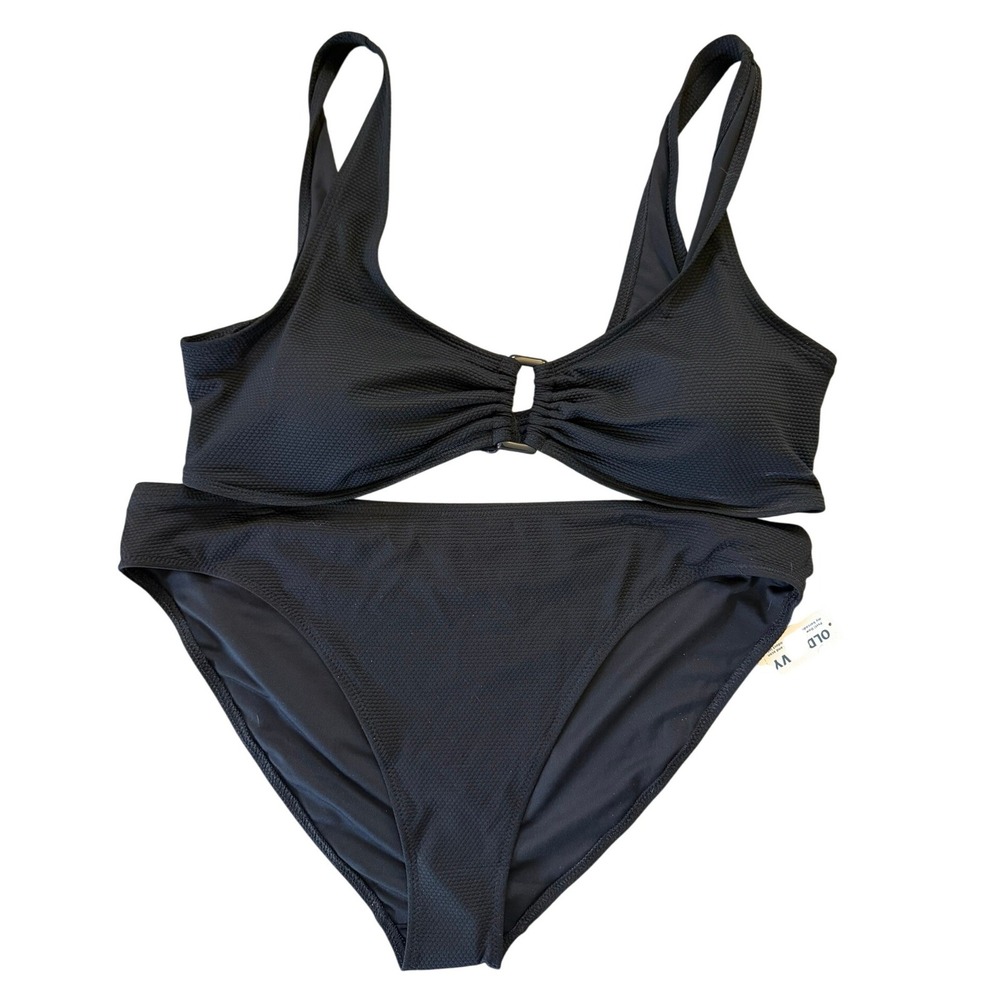 NEW Women's Black XXL Textured Mid Rise Scoop Neck Wide Strap Swim Suit Set